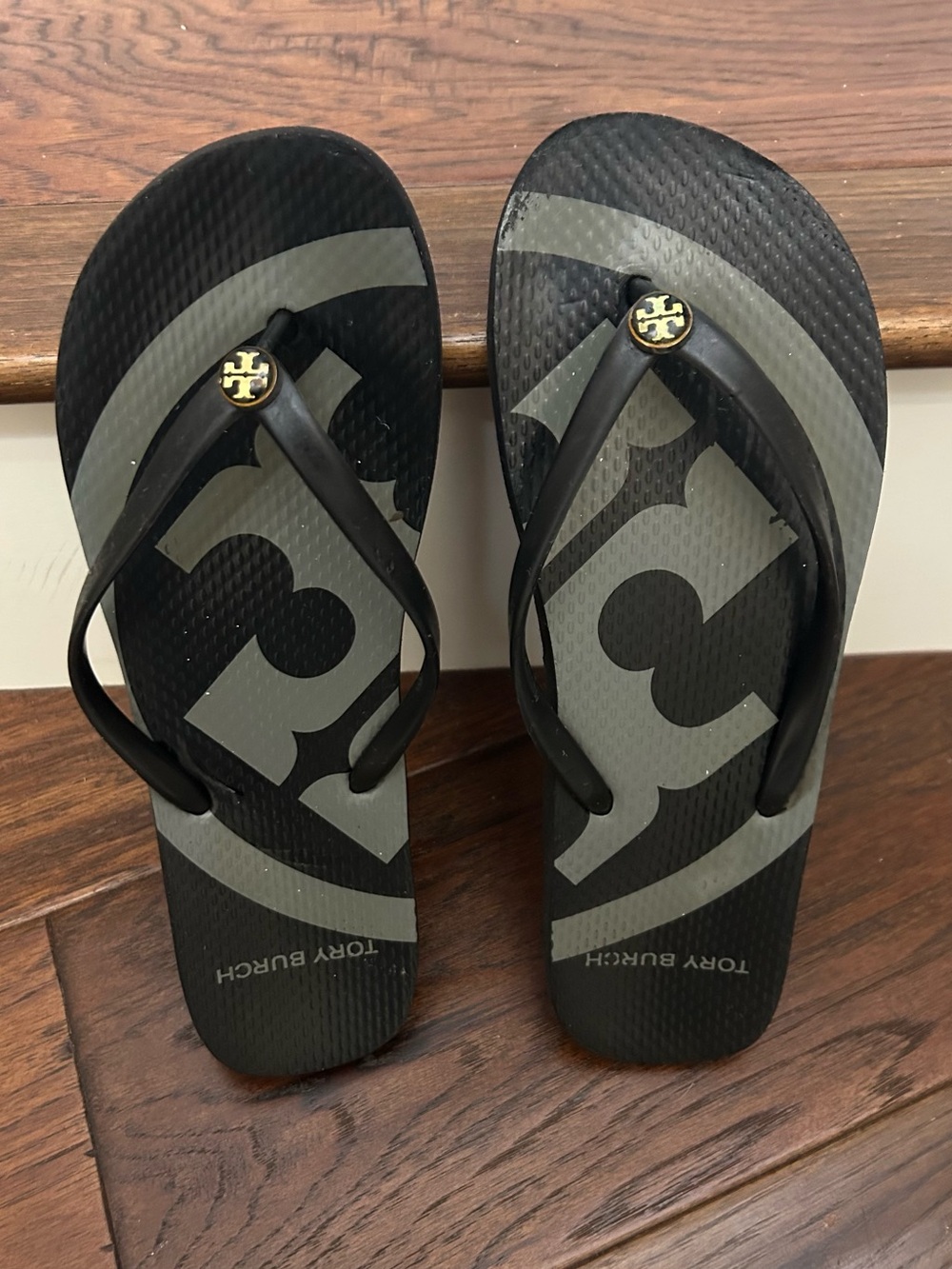 Tory Burch Black & Gray Logo Thong Sandals